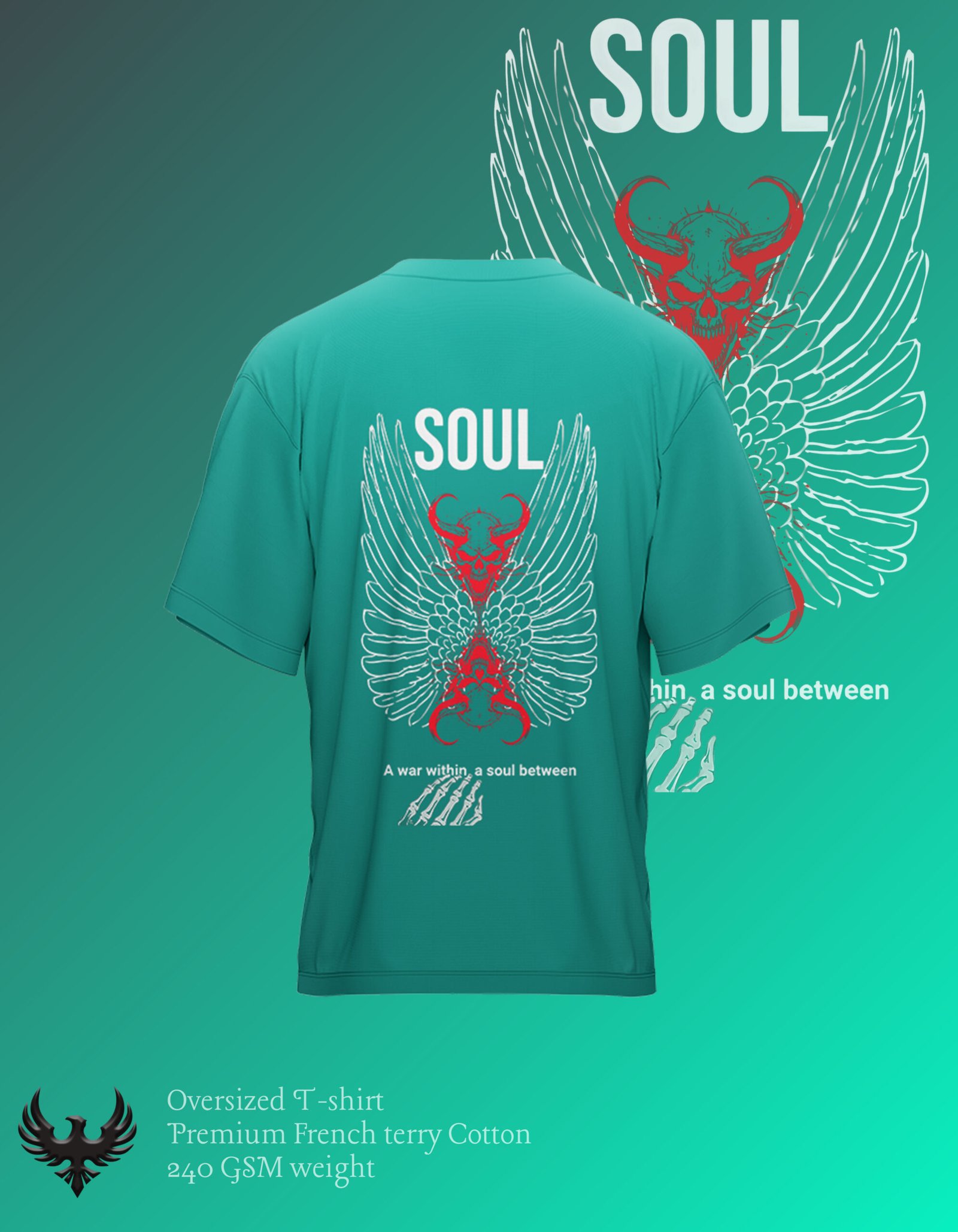 "Teal oversized T-shirt featuring a symmetrical design of large angel wings framing a red bull skull, with the word 'SOUL' above and a poetic quote beneath."