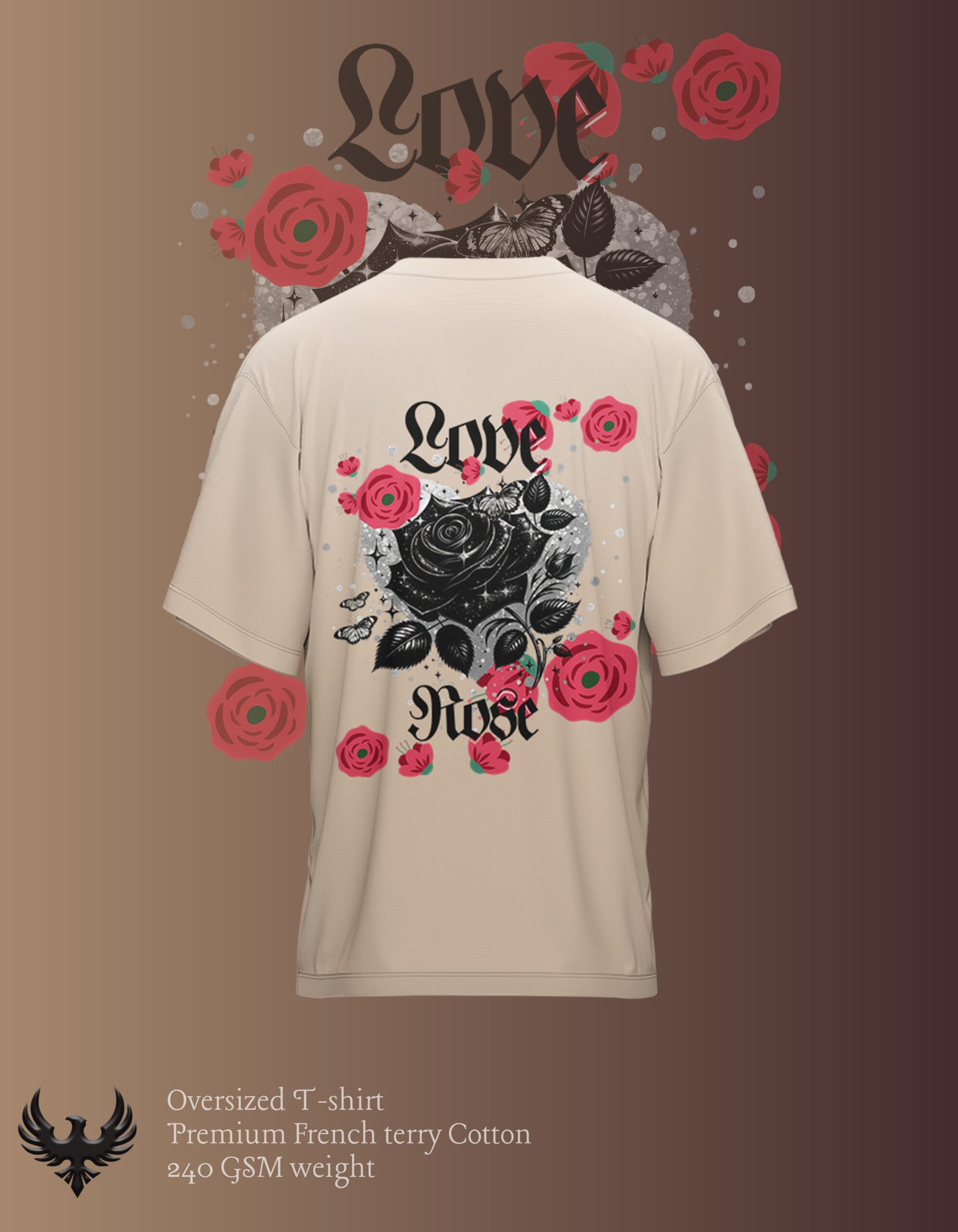 "Beige oversized T-shirt with a detailed back print of a black rose surrounded by red roses and petals, with the words 'Love' and 'Rose' in elegant gothic-style text."