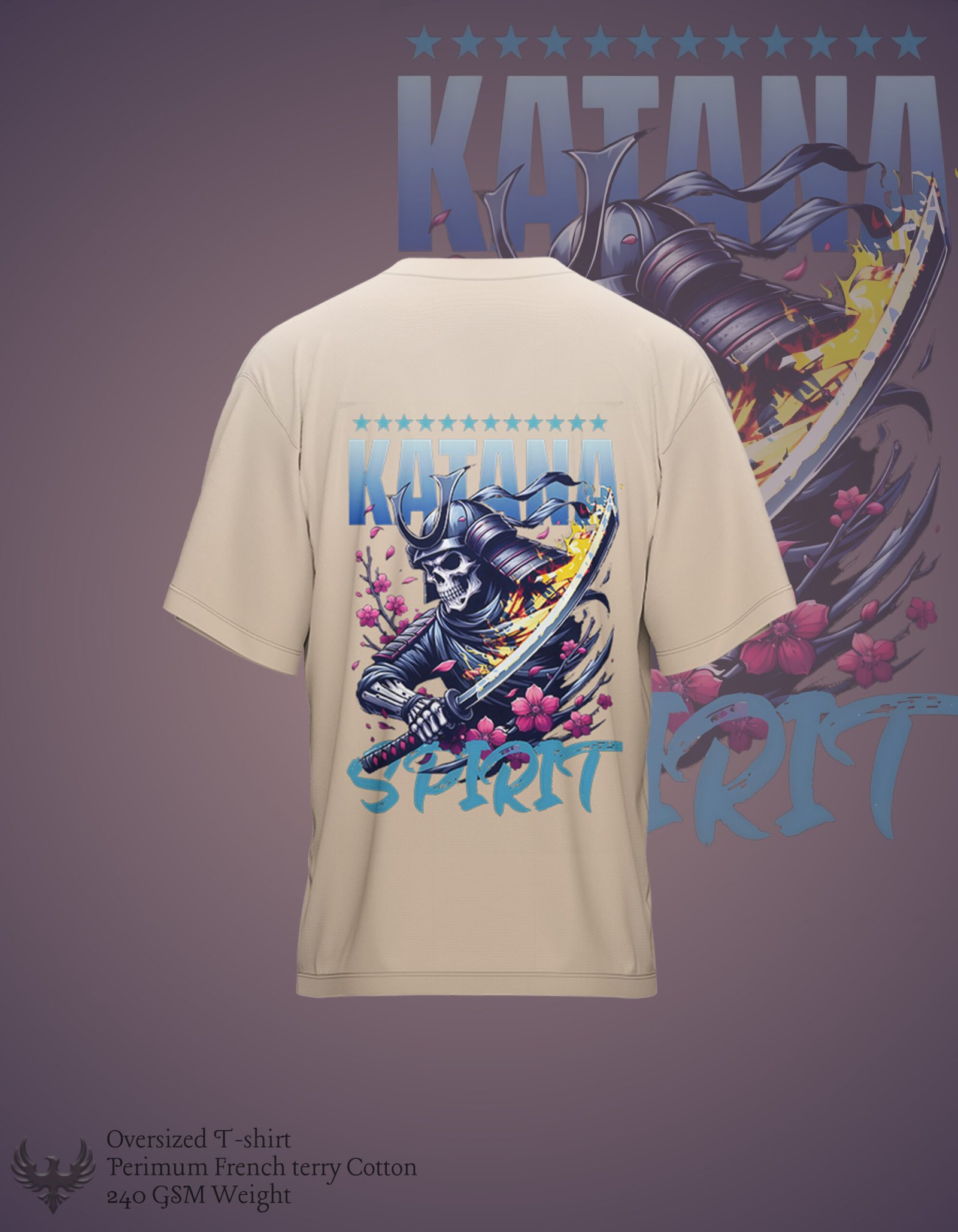 Beige oversized T-shirt with a vibrant back print featuring a samurai wielding a katana surrounded by cherry blossoms. The words 'KATANA SPIRIT' are prominently displayed in blue stylized text above and below the samurai artwork.
